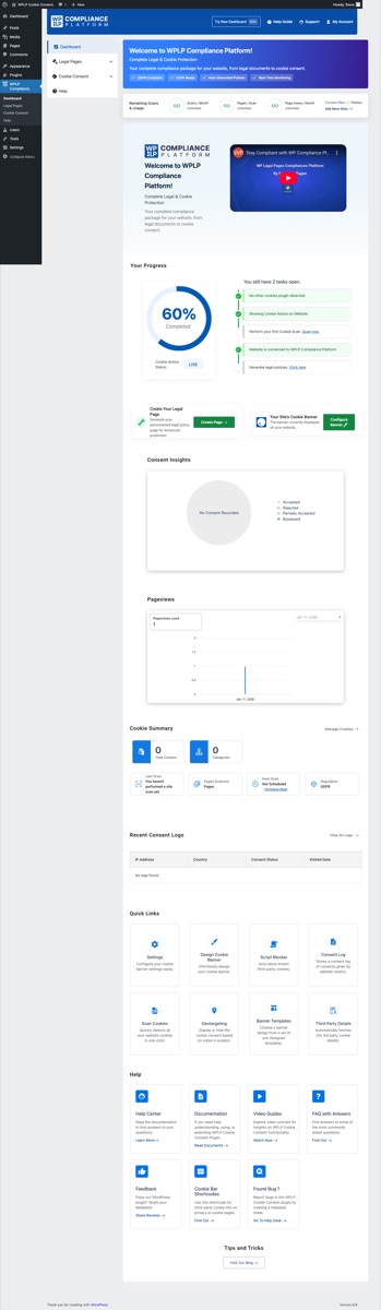 WPLP Compliance Platform unified dashboard for legal pages and cookie consent management