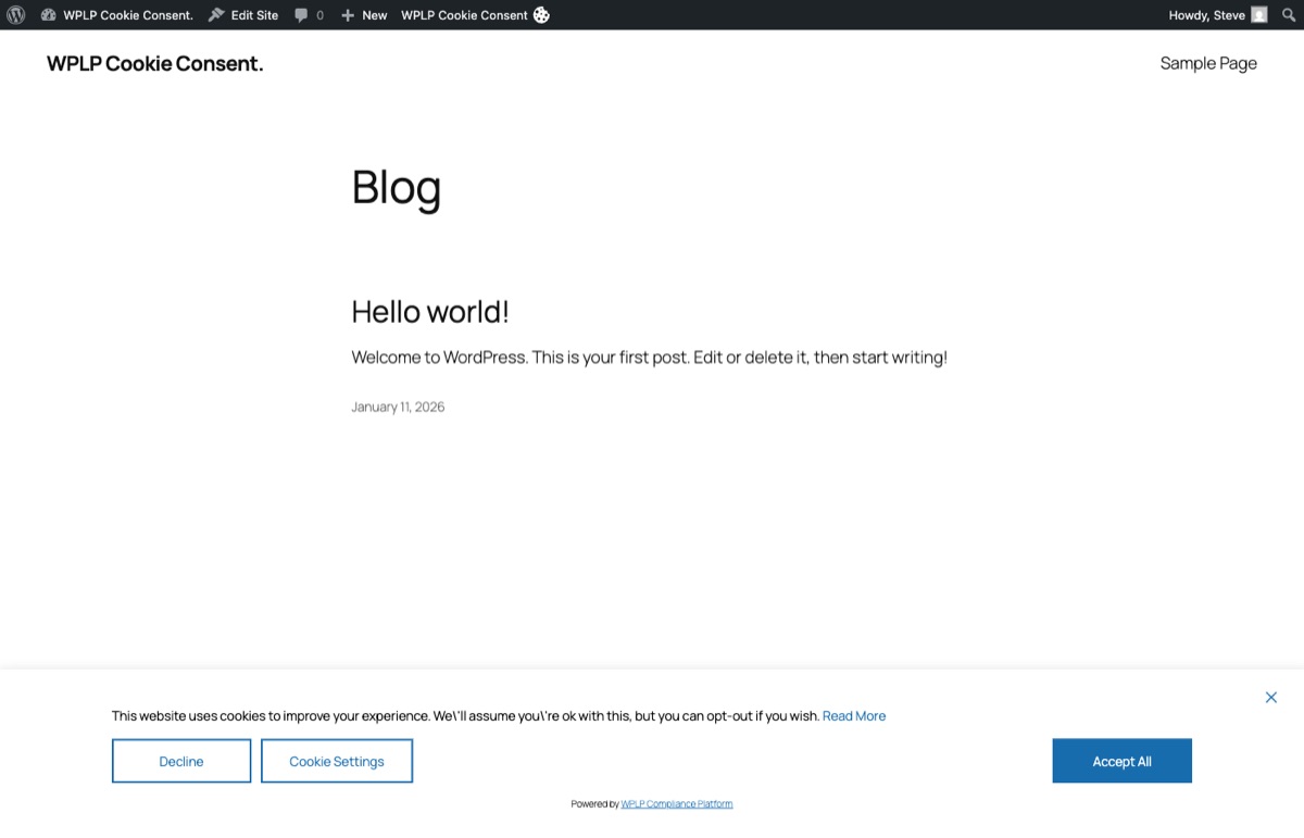 Cookie consent banner on website frontend