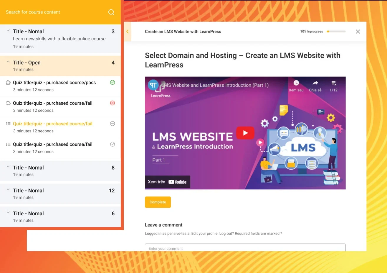 LearnPress lesson player showing course content sidebar and quiz attempt history