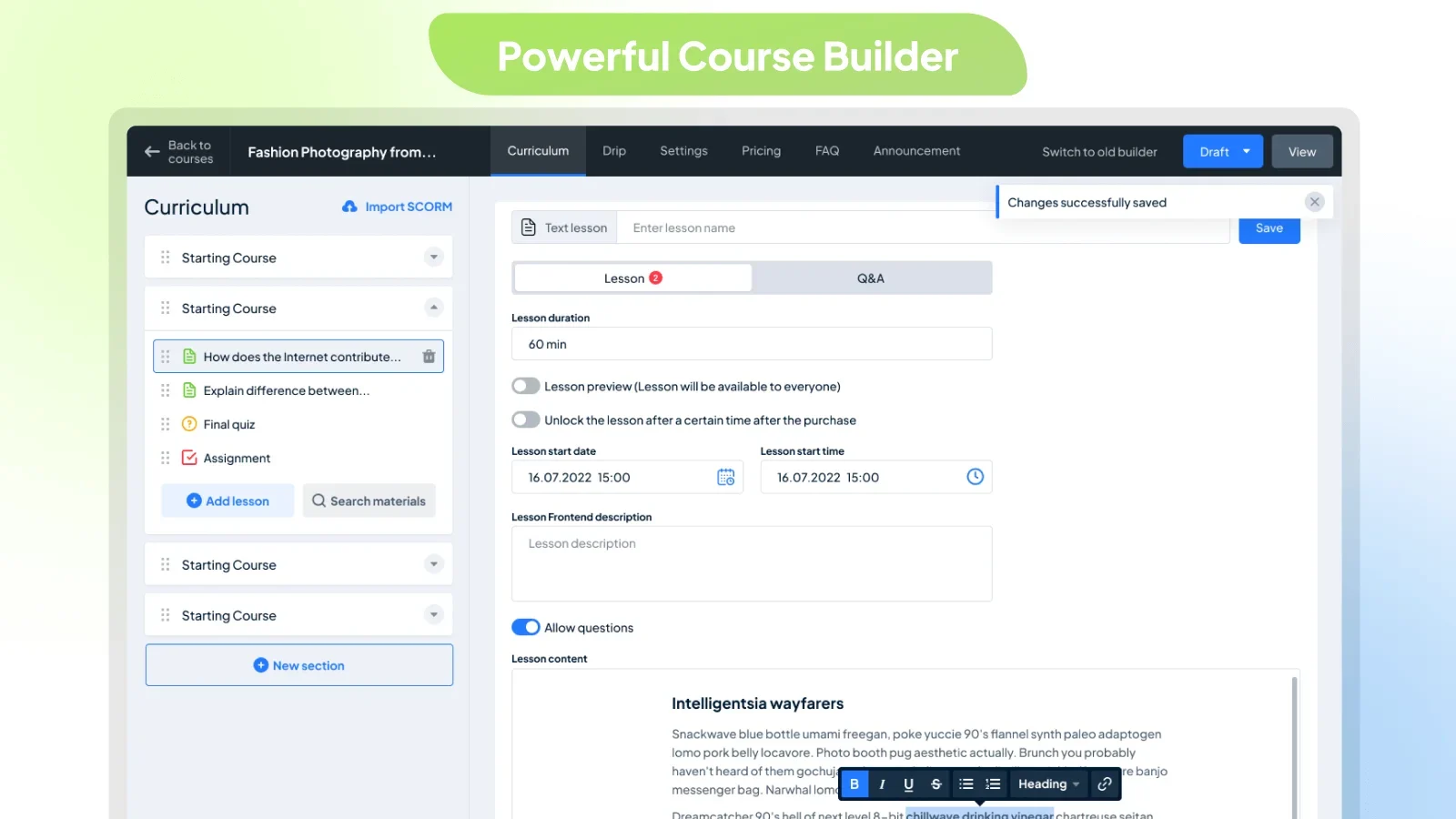 MasterStudy LMS block-based course builder with curriculum, drip, and pricing tabs