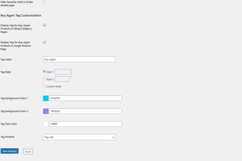 Display Settings- Buy Again for WooCommerce