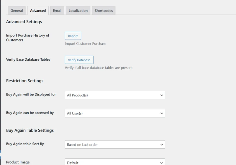 Advanced Settings- Buy Again for WooCommerce