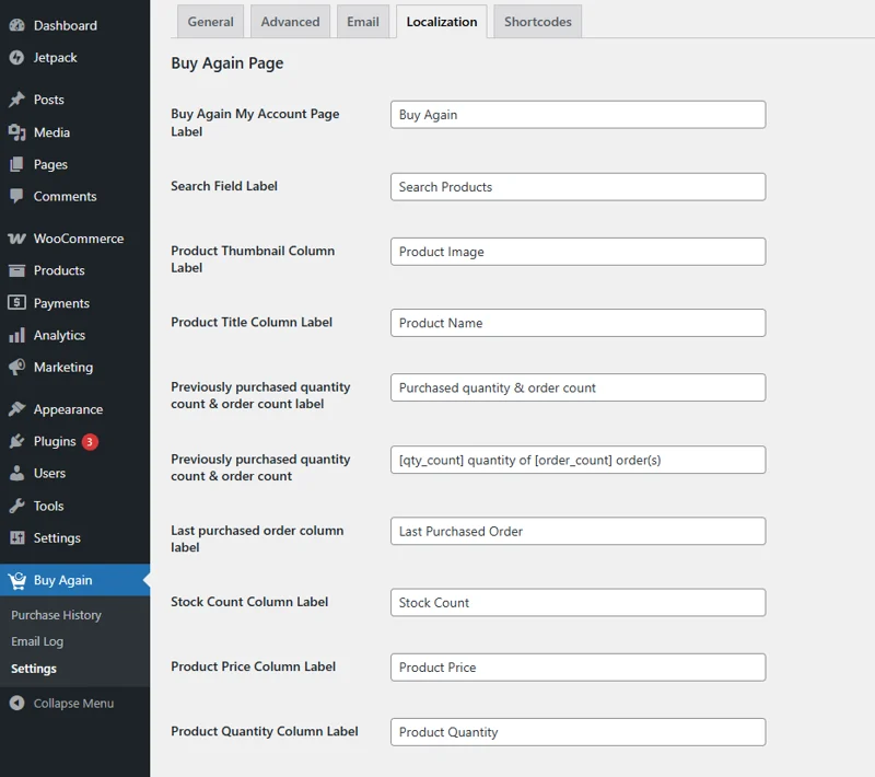 Localisation- Buy Again for WooCommerce