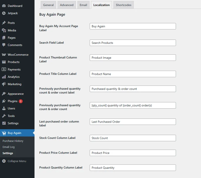 Localisation- Buy Again for WooCommerce