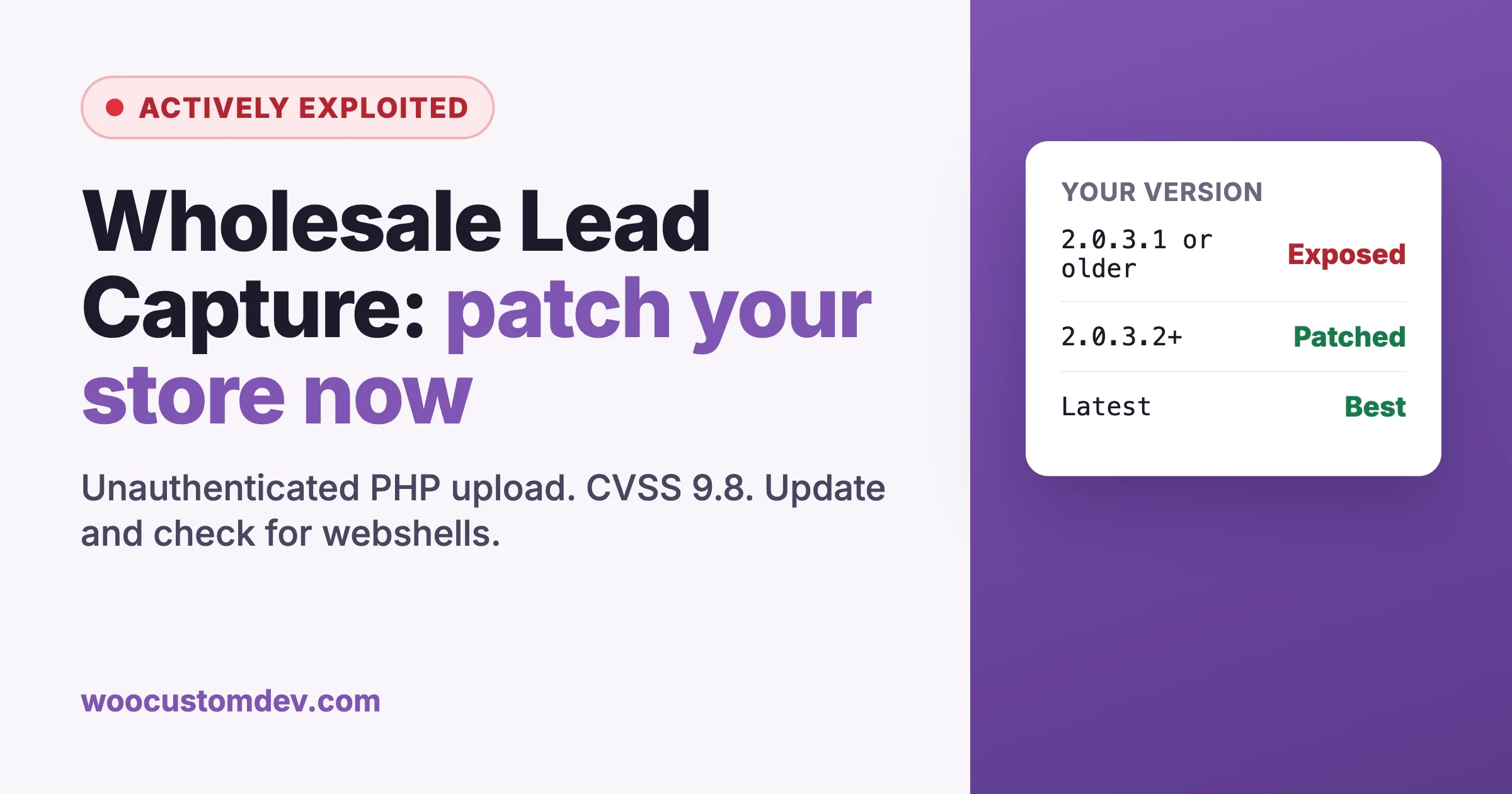 WooCommerce Wholesale Lead Capture is actively exploited: versions 2.0.3.1 and older are exposed, update to 2.0.3.2 or later
