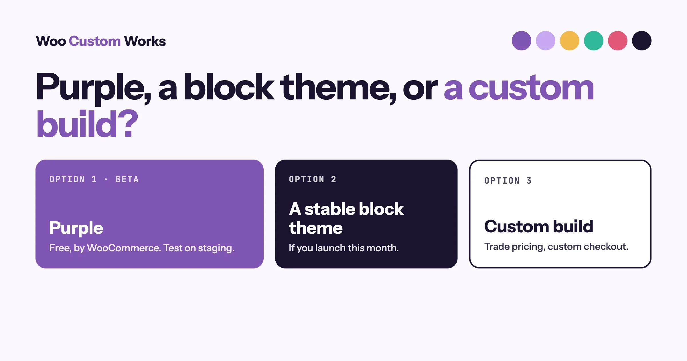 Three option cards: the Purple theme in beta, a stable block theme, and a custom WooCommerce build