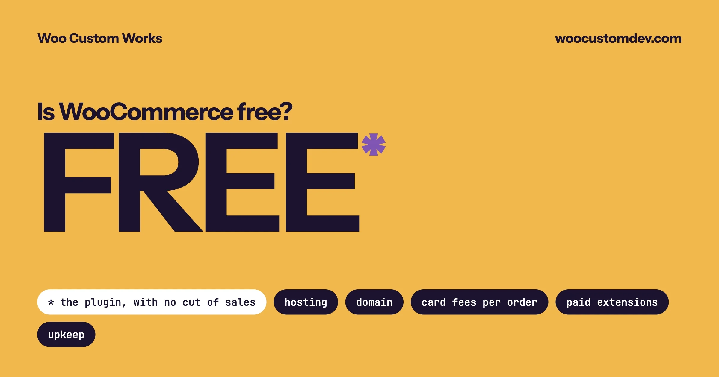 The word FREE with an asterisk, and the costs that still apply: hosting, domain, card fees per order, paid extensions and upkeep