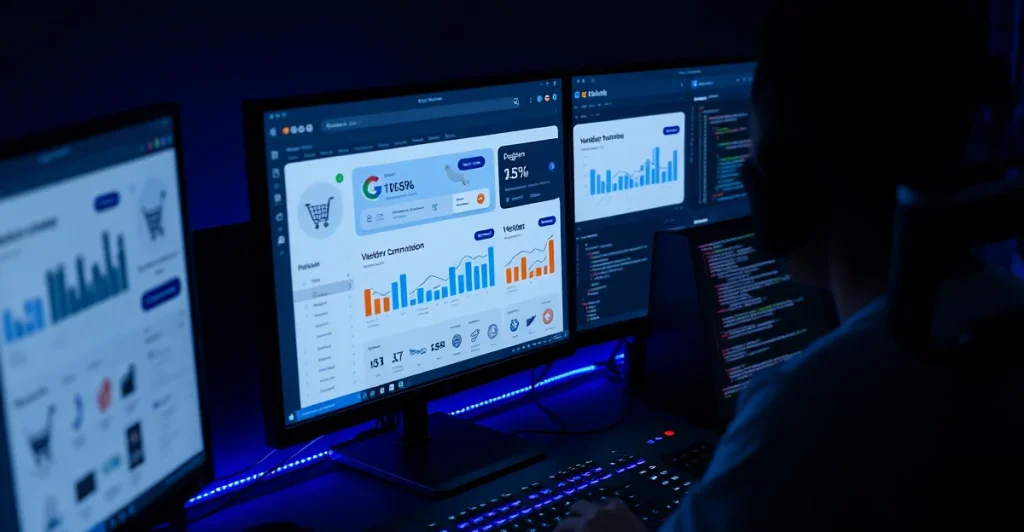 Developer workspace with multiple monitors showing ecommerce marketplace dashboard with vendor analytics and commission charts