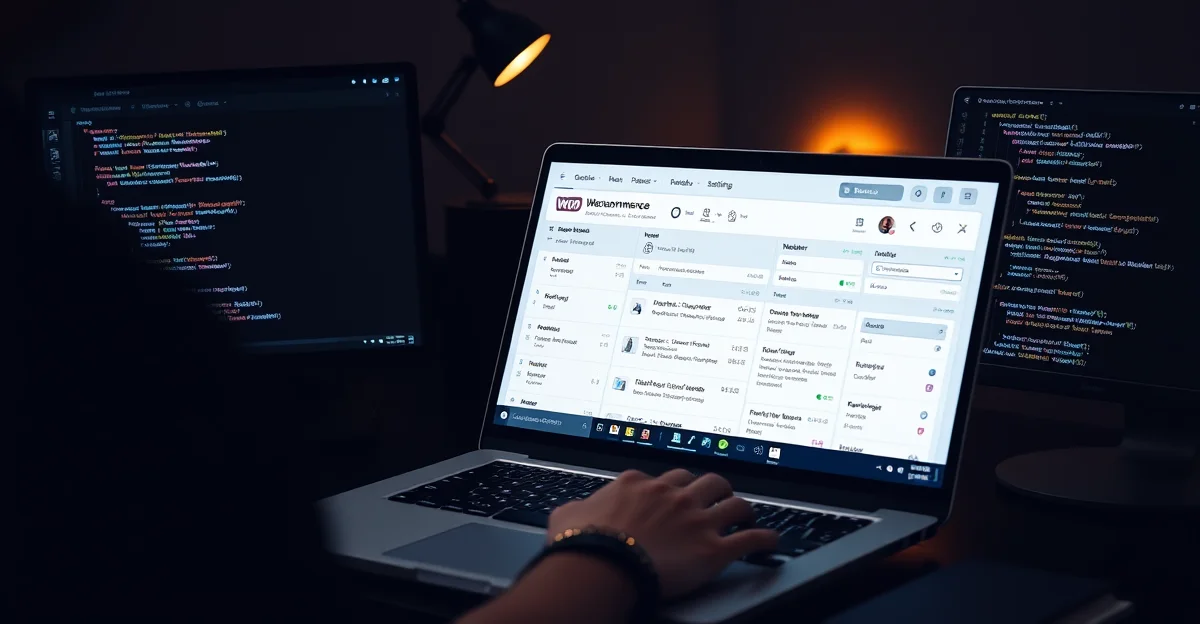 Developer working on a WooCommerce marketplace dashboard showing vendor management and commission settings