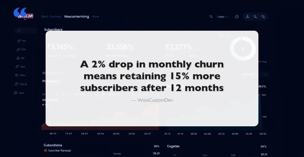 Dark ecommerce dashboard showing WooCommerce subscription store metrics and recurring revenue data