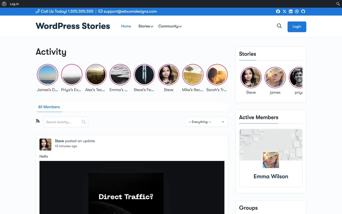 WP Stories activity feed showing customer-shared photos and videos in a WooCommerce community