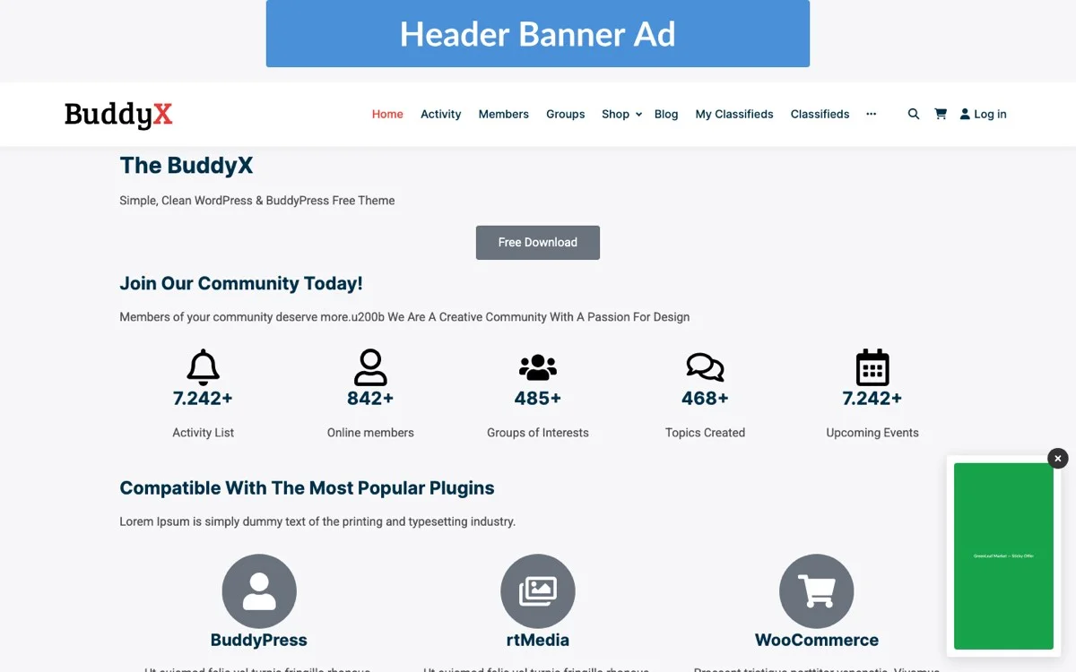 WB Ad Manager Pro homepage showing ad placements and analytics overview
