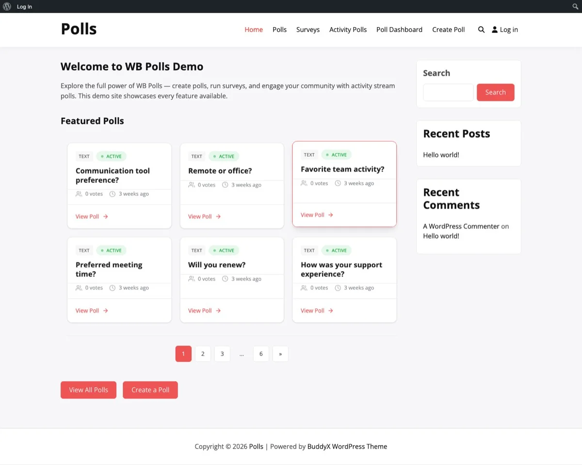 WB Polls grid view showing multiple polls organized in a voting board layout