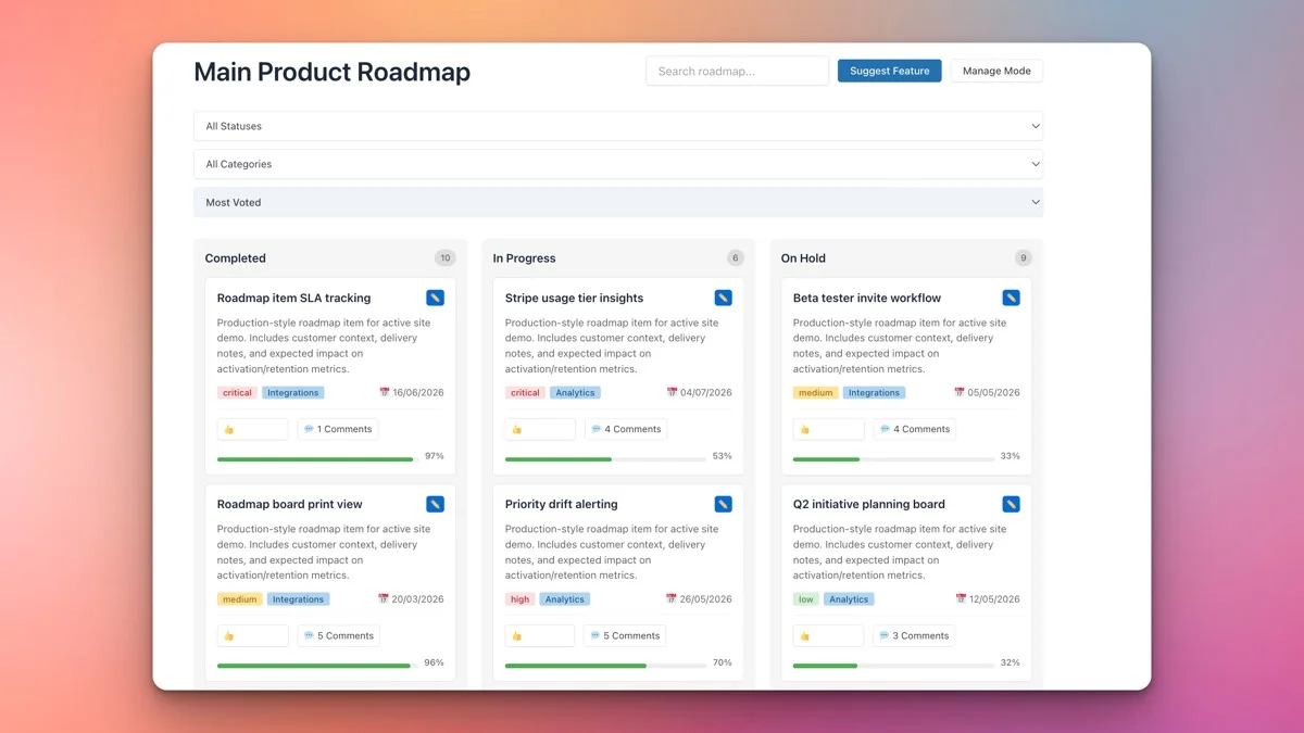 Product Roadmap kanban board showing items organized by status that can be managed via REST API