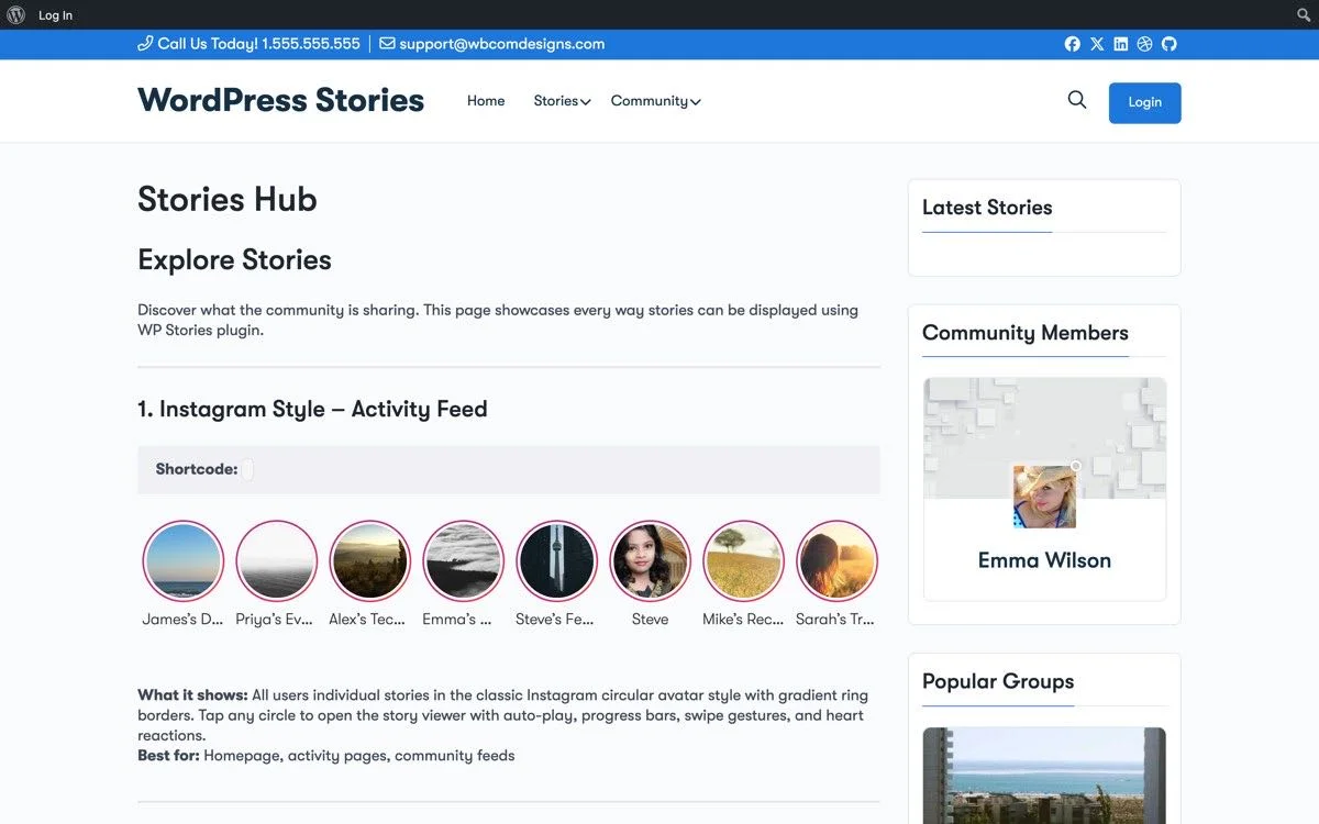 WP Stories hub showing all three display styles available for WooCommerce stores