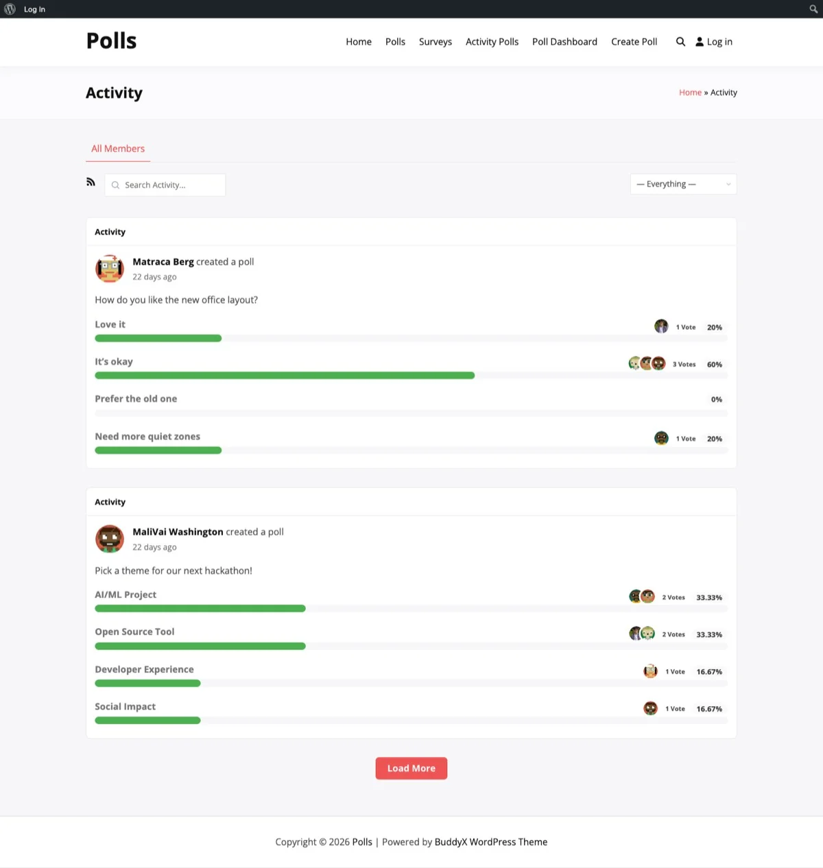 WB Polls activity feed showing real-time voting activity and poll interactions