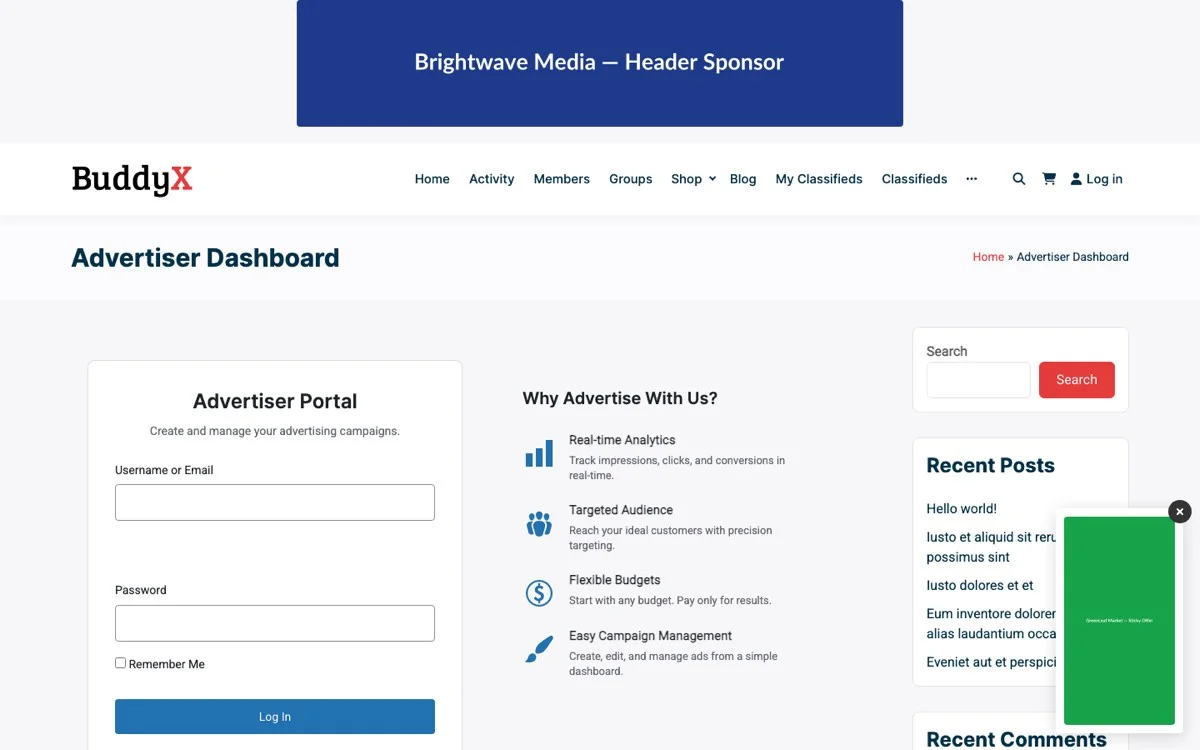 WB Ad Manager Pro advertiser portal showing campaign management and analytics