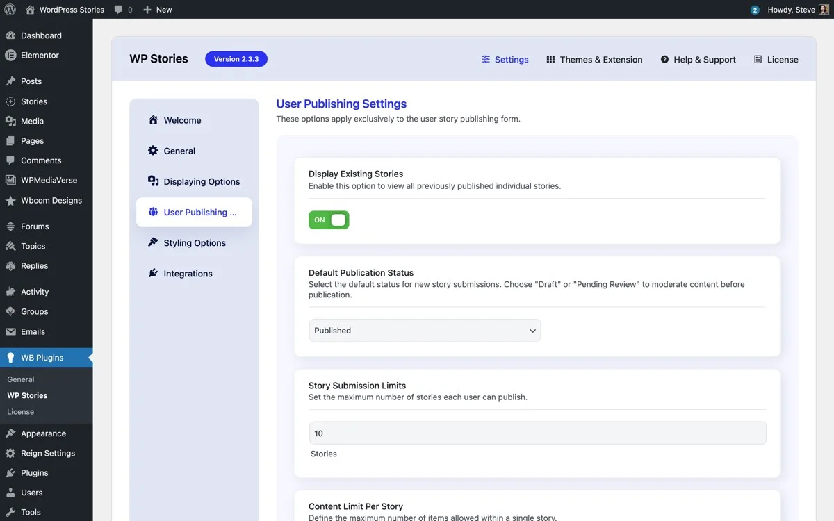 WP Stories settings panel showing user publishing and privacy options
