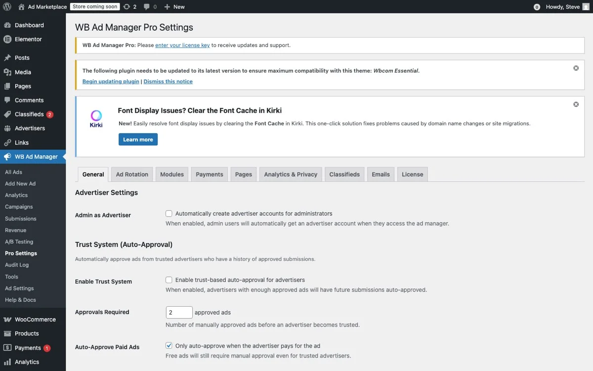 WB Ad Manager Pro Settings panel with A/B testing configuration, traffic splits, and auto-winner detection