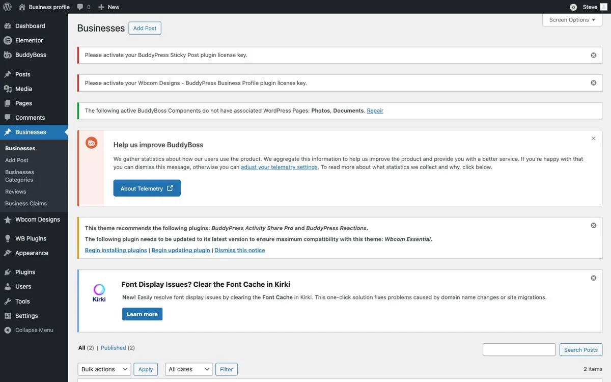 WordPress admin panel showing business custom post type listings with columns for business name, owner, category, and status