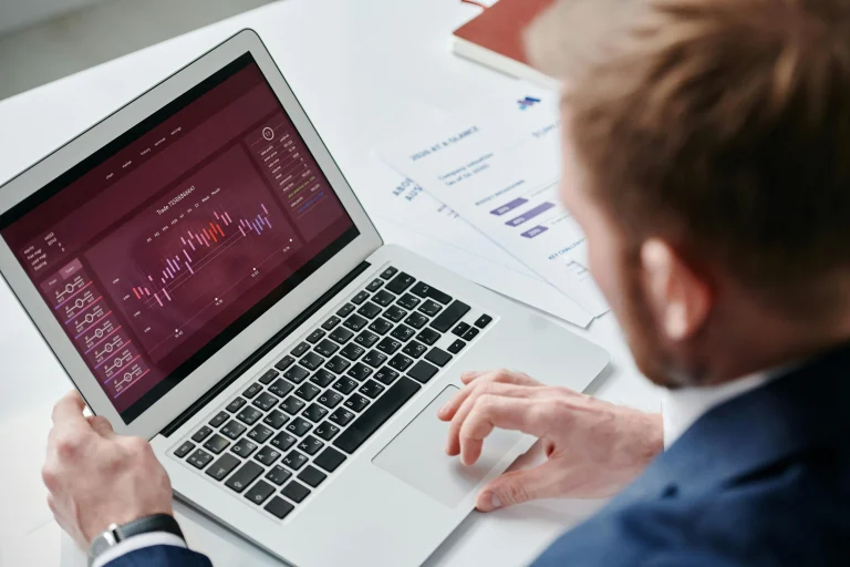 Businessman reviewing data analytics dashboard on laptop representing a client project status portal