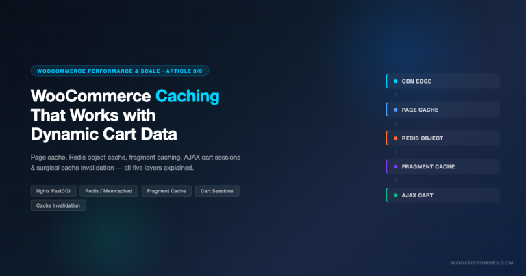 WooCommerce caching architecture diagram showing five layers: CDN edge, page cache, Redis object cache, fragment cache, and AJAX cart fragments