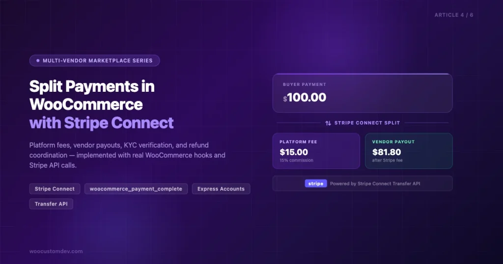 WooCommerce split payments with Stripe Connect showing $100 buyer payment split into $15 platform fee and $81.80 vendor payout