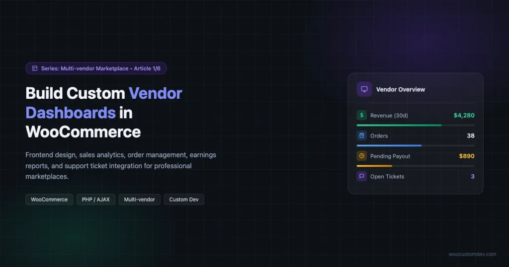 Custom WooCommerce vendor dashboard showing sales analytics, revenue stats, orders, pending payouts, and open support tickets