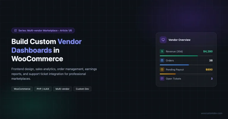 Custom WooCommerce vendor dashboard showing sales analytics, revenue stats, orders, pending payouts, and open support tickets