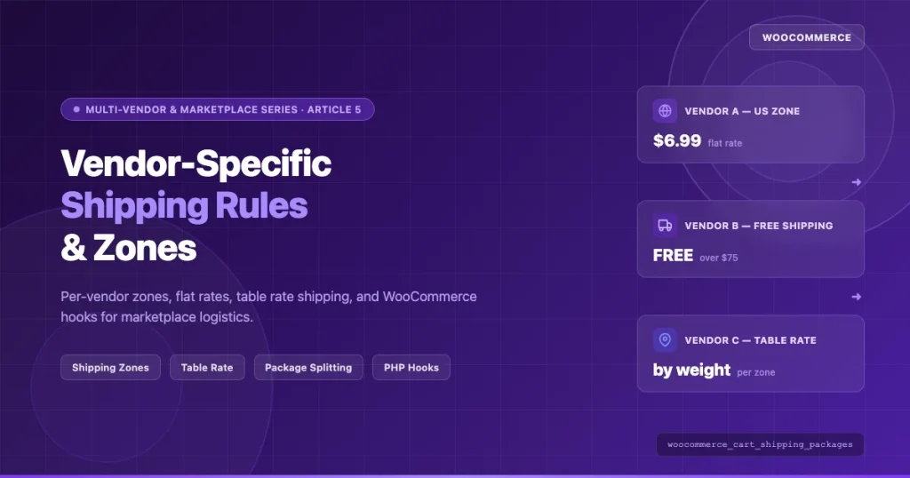 WooCommerce vendor-specific shipping rules and zones configuration diagram showing per-vendor shipping zones, flat rate and table rate shipping methods for multi-vendor marketplaces