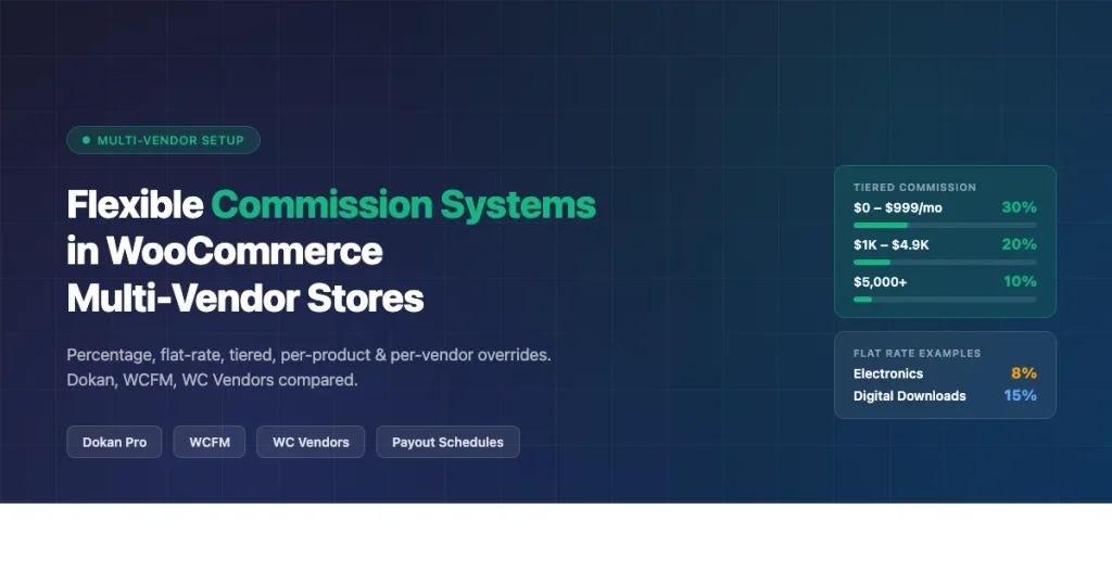 WooCommerce multi-vendor commission systems comparison showing tiered rates for Dokan, WCFM, and WC Vendors plugins