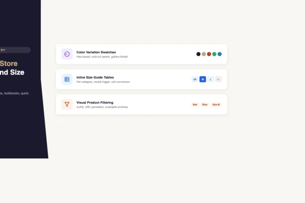 WooCommerce fashion store with visual color swatches, inline size guide tables, and visual product filtering