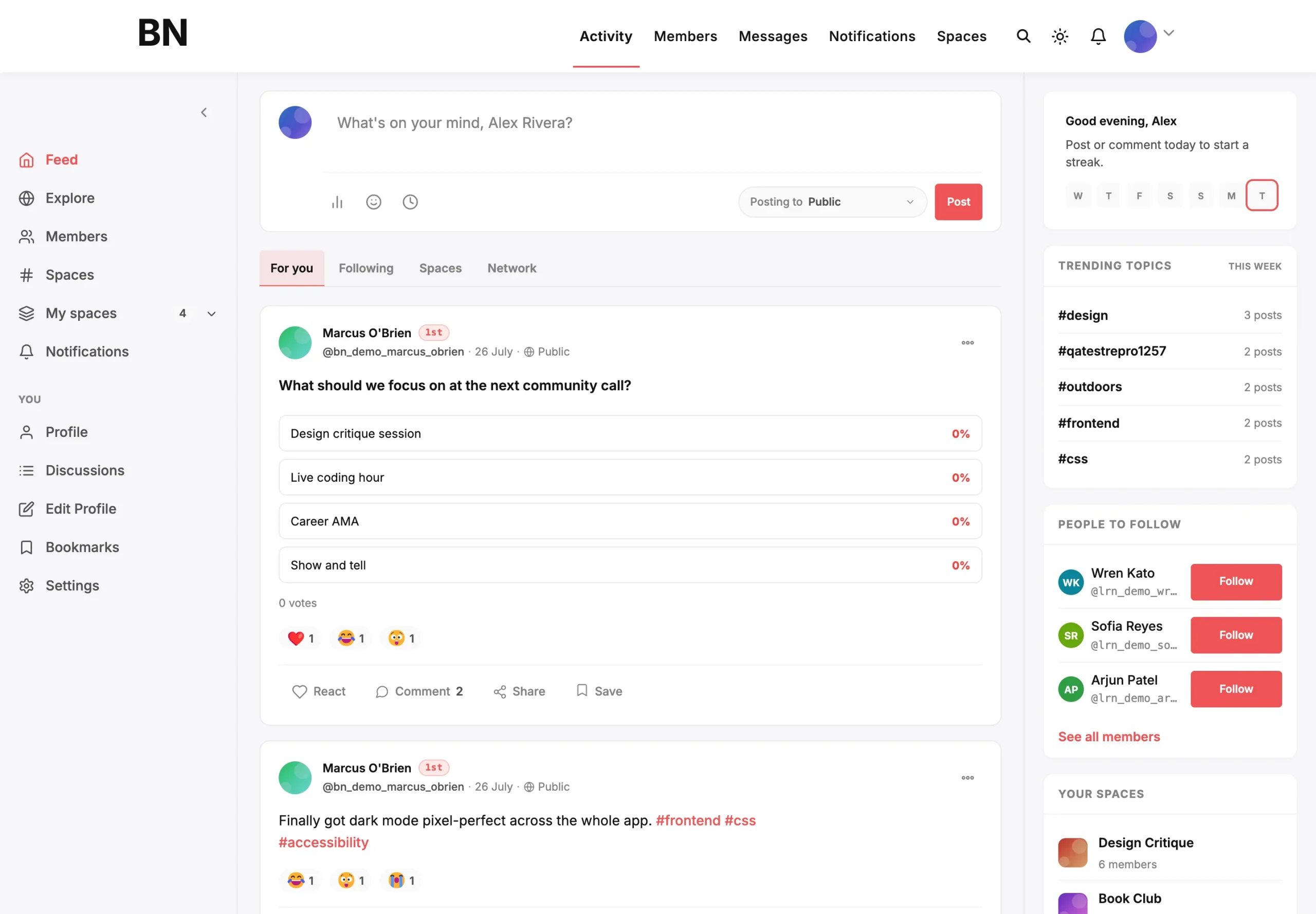 Self-hosted community activity feed showing a member poll with reactions and comments, a composer, trending hashtags in the sidebar and a people-to-follow panel
