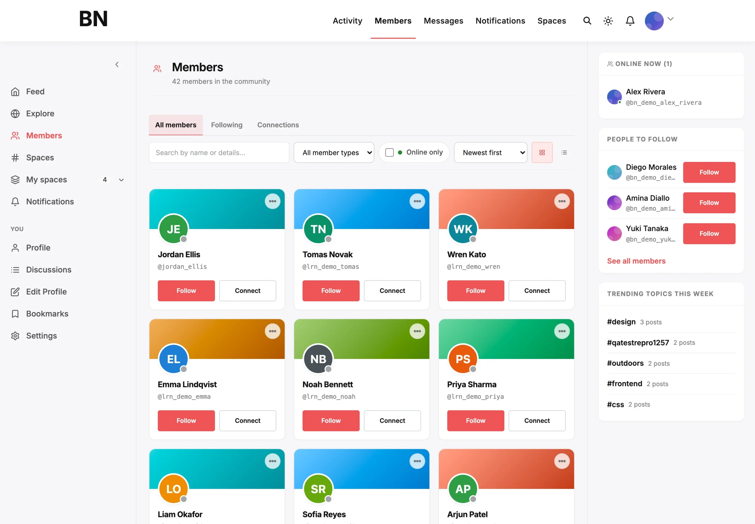 Member directory showing real member accounts with avatars, handles, Follow and Connect buttons, search, member type filter and an online-now panel