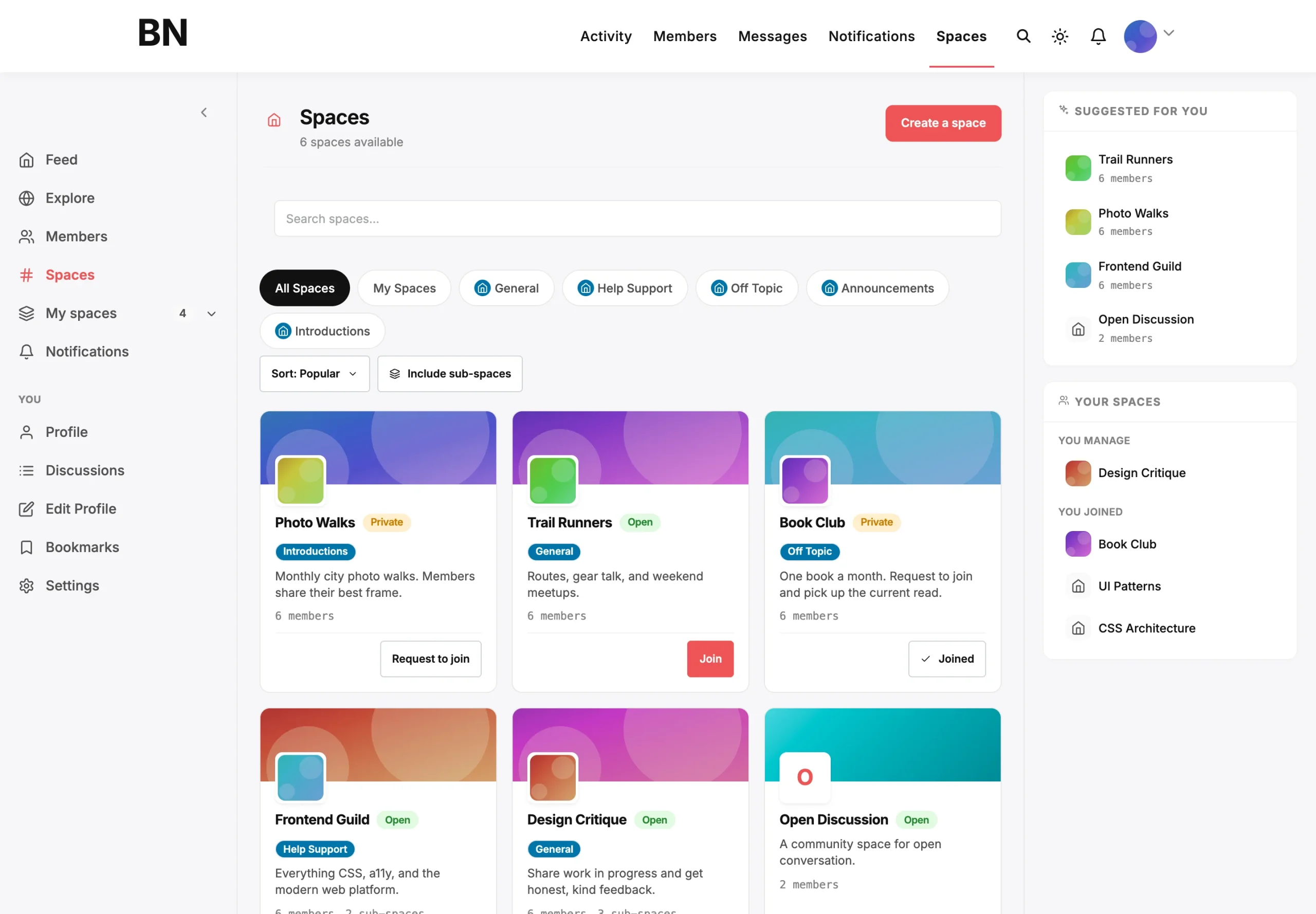 Spaces directory showing six sub-communities with Open and Private badges, category filters, member counts, and Join, Request to join and Joined buttons