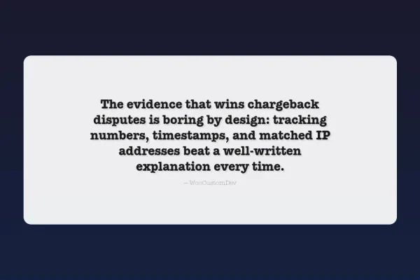 WooCommerce fraud prevention quote card: evidence that wins chargeback disputes is tracking numbers, timestamps, and matched IP addresses