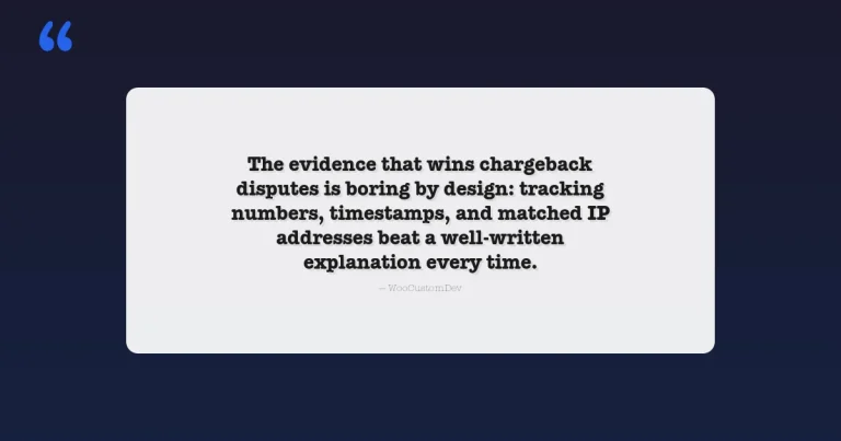 WooCommerce fraud prevention quote card: evidence that wins chargeback disputes is tracking numbers, timestamps, and matched IP addresses