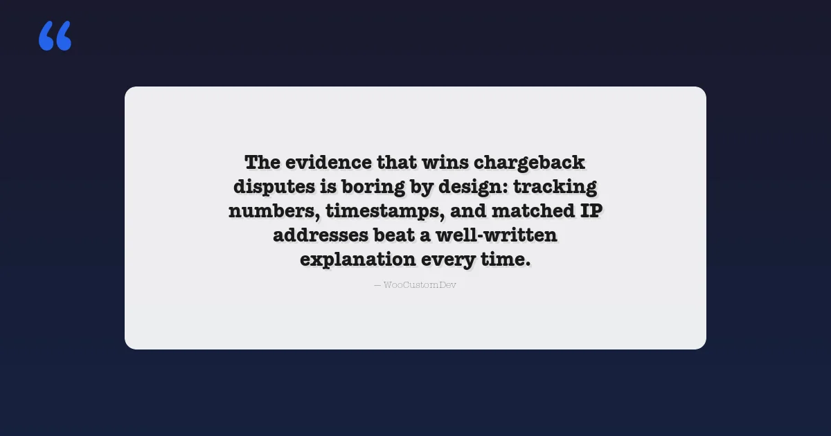 WooCommerce fraud prevention quote card: evidence that wins chargeback disputes is tracking numbers, timestamps, and matched IP addresses