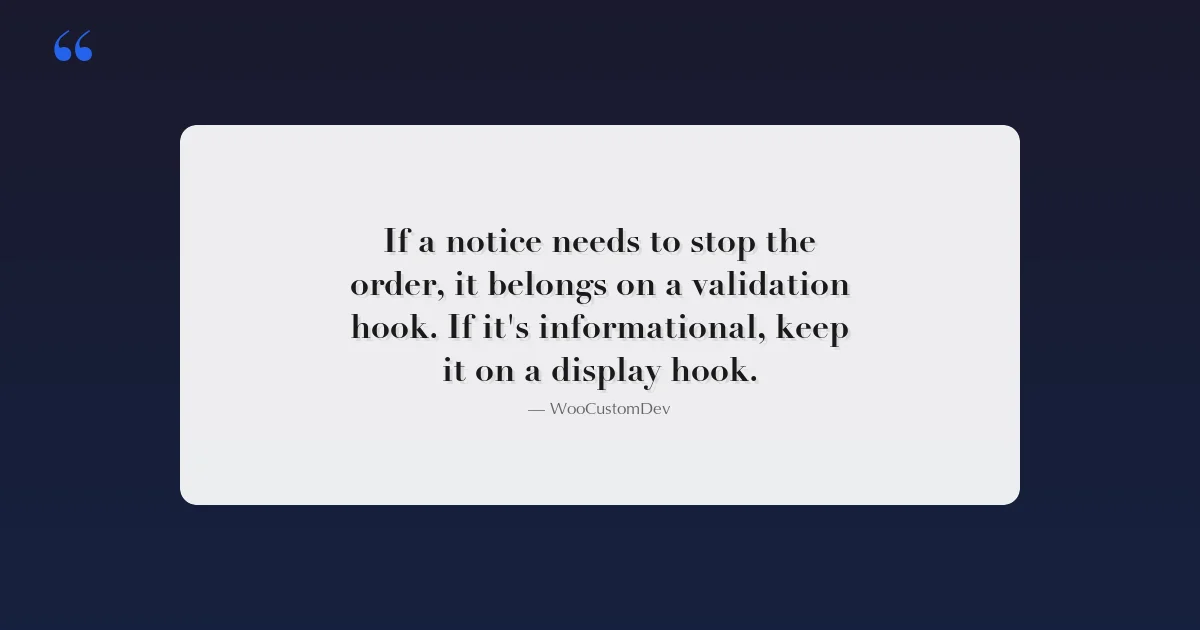 Quote card: WooCommerce checkout notices should use validation hooks to block orders, or display hooks for informational messages