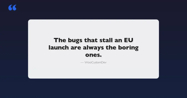 WooCommerce GDPR compliance and multilingual store setup guide featured image with quote about EU launch bugs