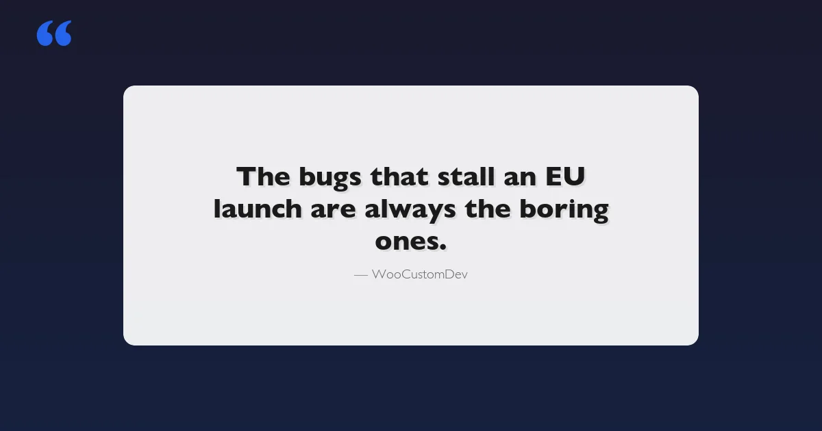 WooCommerce GDPR compliance and multilingual store setup guide featured image with quote about EU launch bugs