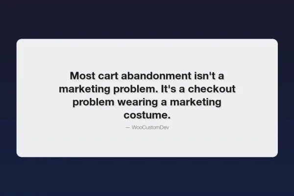 Quote card reading: most cart abandonment isn't a marketing problem, it's a checkout problem wearing a marketing costume, illustrating WooCommerce cart abandonment plugins guide