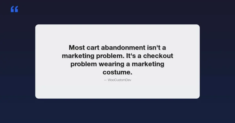 Quote card reading: most cart abandonment isn't a marketing problem, it's a checkout problem wearing a marketing costume, illustrating WooCommerce cart abandonment plugins guide