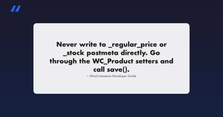 Quote card reading: never write to _regular_price or _stock postmeta directly, go through the WC_Product setters and call save() - WooCommerce developer guide on hooks and REST API