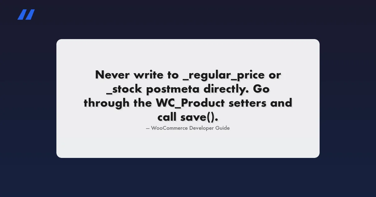 Quote card reading: never write to _regular_price or _stock postmeta directly, go through the WC_Product setters and call save() - WooCommerce developer guide on hooks and REST API