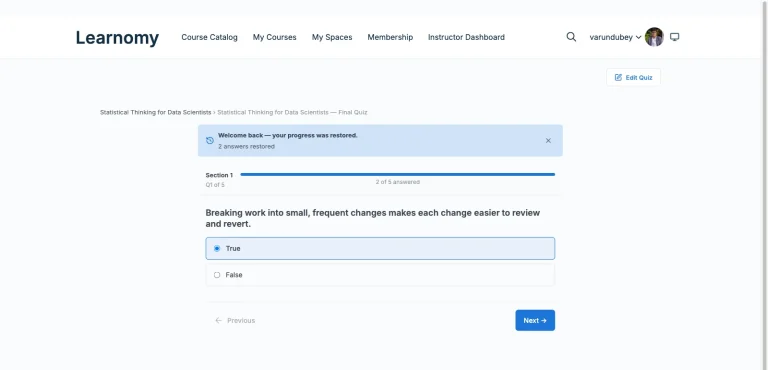 Learnomy quiz player showing a sectioned exam layout, question map, and progress restore used for anti-cheat timed quizzes