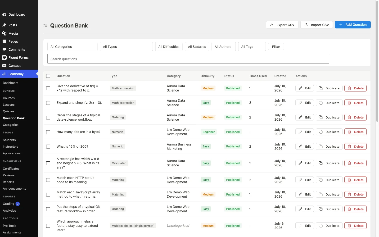 Learnomy question bank screen showing multiple quiz question types organized for randomized quiz assembly