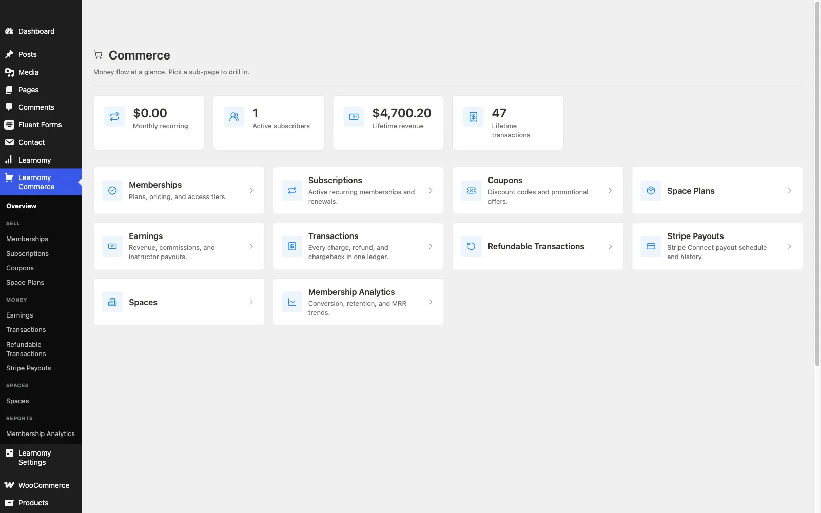 Learnomy commerce dashboard showing payment processing and membership plan management in one interface
