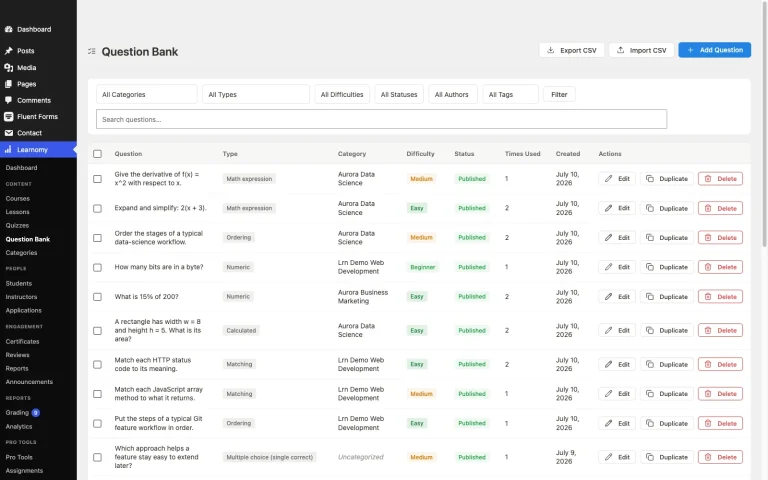 Learnomy reusable question bank with categories and tags