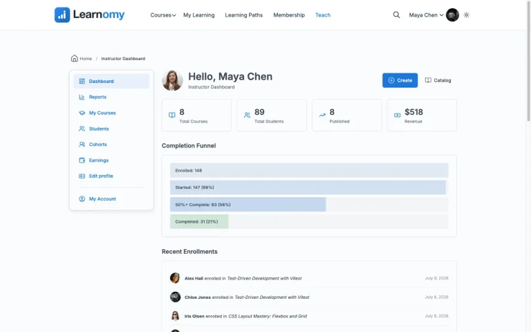 Learnomy instructor dashboard showing courses, students, and revenue